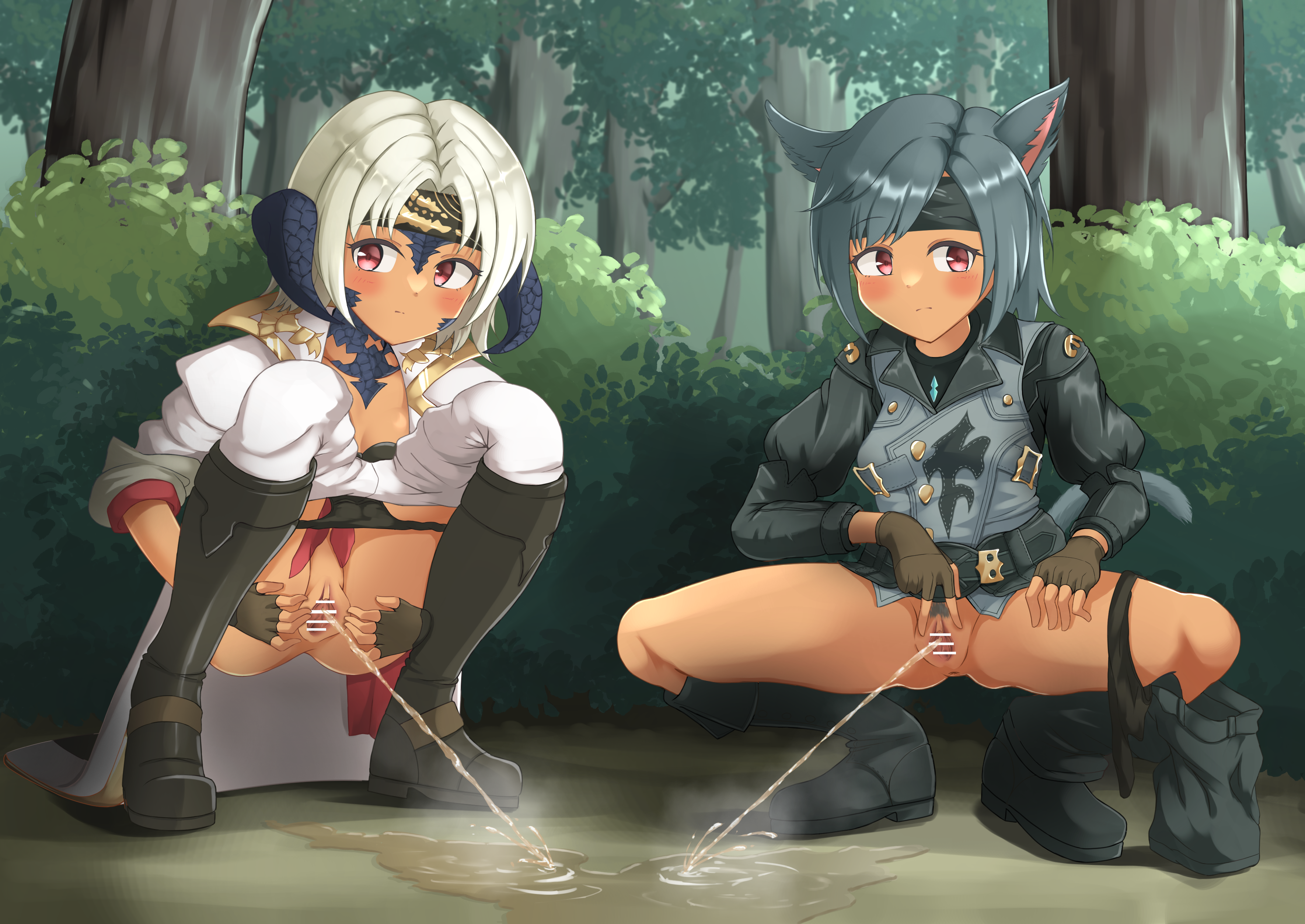 udonko (tinanago7715), final fantasy, final fantasy xiv, 2girls, animal ears, au ra, bar censor, black panties, blush, boots, bush, cat ears, cat girl, cat tail, censored, clothes pull, coat, dragon girl, dragon horns, female focus, female pubic hair, forest, grey hair, headband, horns, miqo'te, multiple girls, nature, outdoors, panties, panties around leg, pants, pants pull, panty pull, peeing, peeing together, pubic hair, puddle, pussy, scales, shorts, shorts around one leg, spread legs, spread pussy, spreading own pussy, squatting, steam, tail, tree, underwear