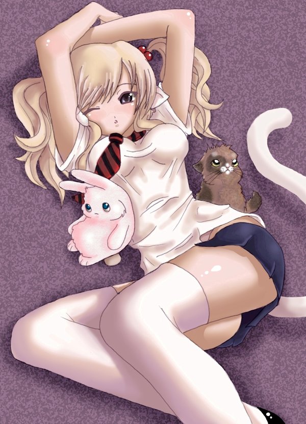 kibaandakamaru, derivative work, animal ears, blonde hair, blush, brown eyes, cat, cat ears, cat tail, one eye closed, school uniform, serafuku, solo, tail, thighhighs, wink, zettai ryouiki
