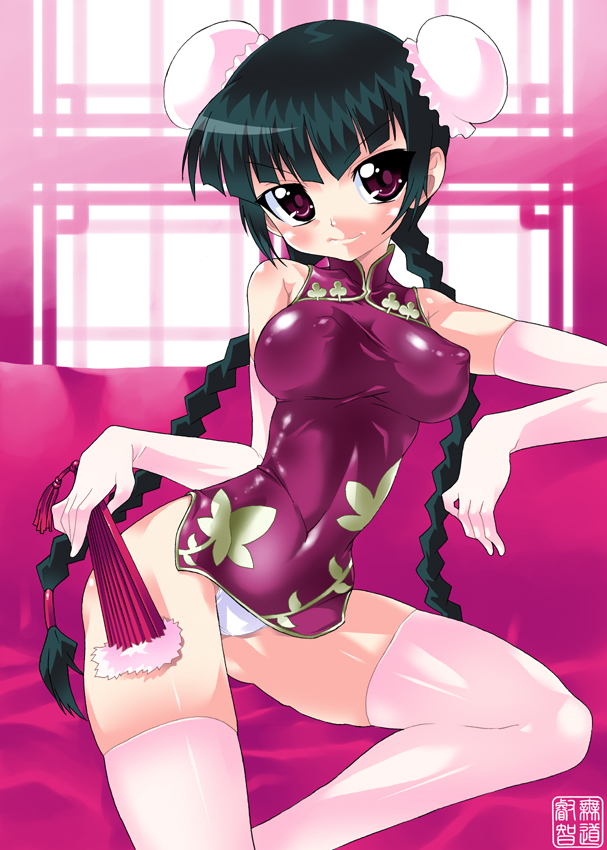 mudou eichi, wang liu mei, gundam, gundam 00, 00s, 1girl, breasts, bun cover, china dress, chinese clothes, double bun, dress, elbow gloves, female focus, gloves, hair bun, medium breasts, solo, thighhighs