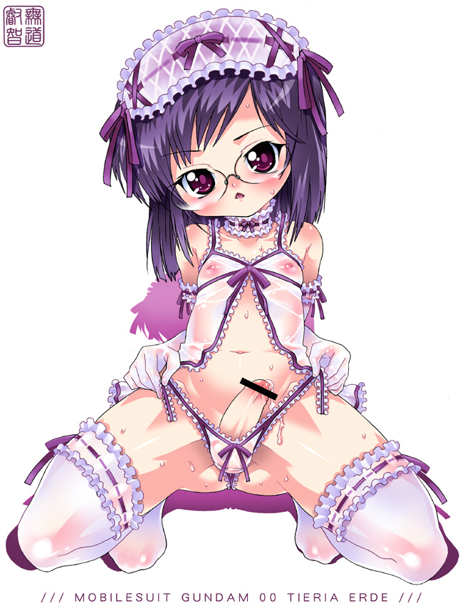 mudou eichi, tieria erde, gundam, gundam 00, 00s, 1boy, alternate costume, ball bra, crossdressing, crossdressing (mtf), enmaided, glasses, maid, male focus, male maid, precum, purple hair, red eyes, see-through clothes, shota, solo, thighhighs, trap