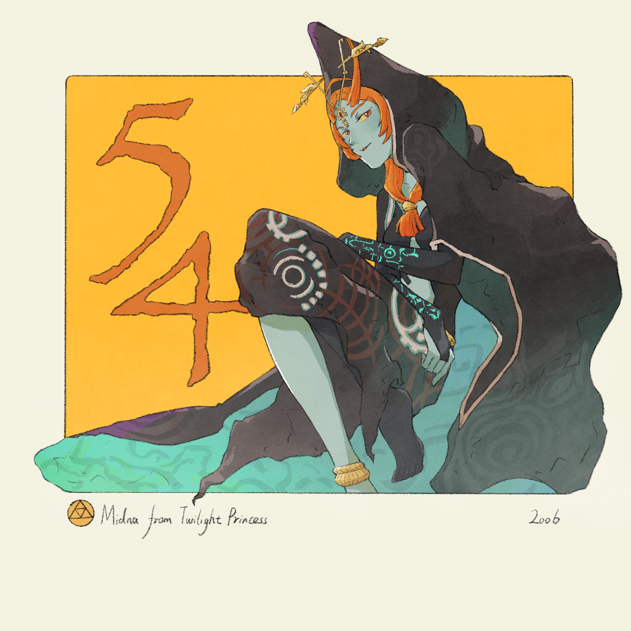 yangyaozigo, midna, midna (true), nintendo, the legend of zelda, the legend of zelda: twilight princess, commentary, english commentary, highres, 1girl, black cape, black skin, border, cape, character name, colored skin, copyright name, hood, hood up, hooded cape, long hair, looking at viewer, multicolored skin, orange background, outside border, red eyes, red hair, solo, tiara, two-tone skin