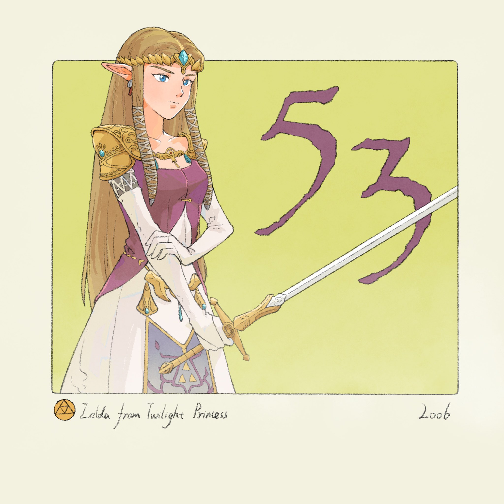 yangyaozigo, princess zelda, nintendo, the legend of zelda, the legend of zelda: twilight princess, commentary, english commentary, highres, 1girl, blue eyes, border, character name, collarbone, copyright name, elbow gloves, gloves, green background, holding, holding sword, holding weapon, long hair, outside border, pointy ears, shoulder pads, sidelocks, solo, sword, tabard, tiara, weapon, white gloves