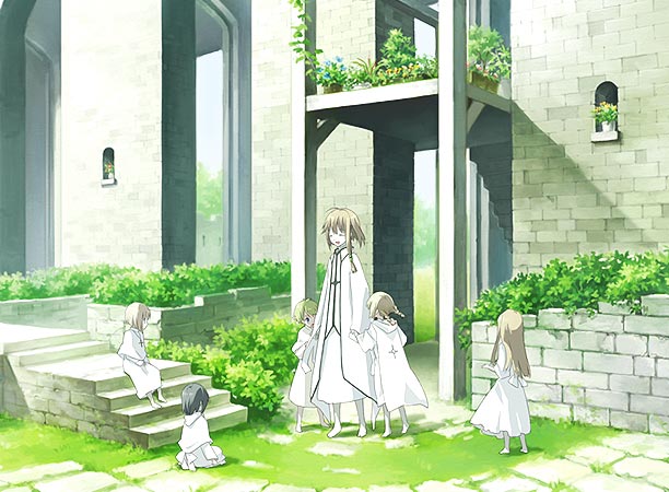 anezaki (egg), yohsuke (kanoto yousuke), original, wall, 6+girls, black hair, blonde hair, child, dress, fantasy, grass, multiple girls, scenery, stairs, stone wall, white dress