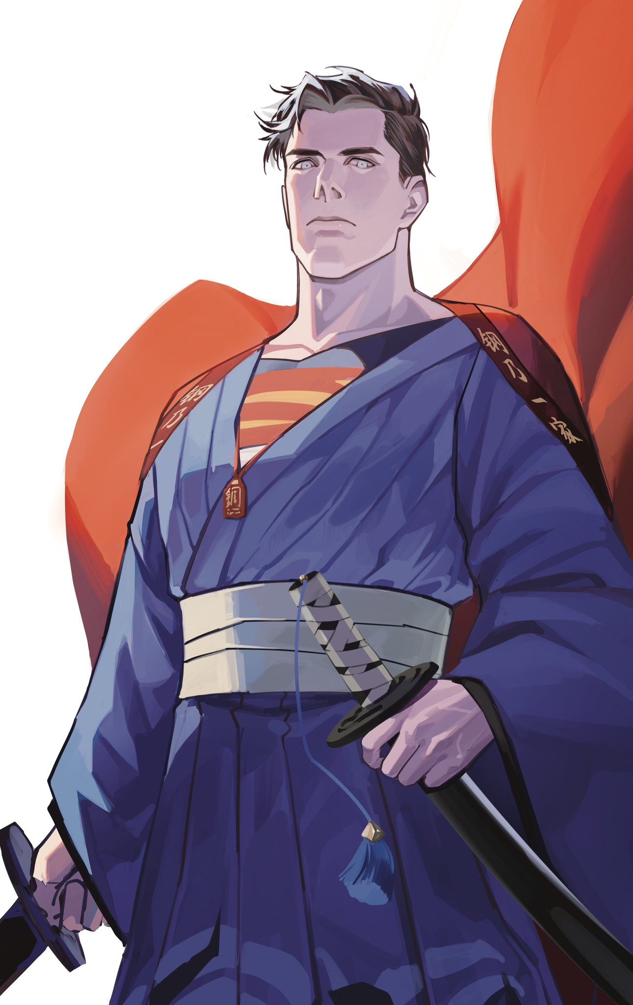 frieda li, superman, dc comics, superman (series), commentary, english commentary, highres, 1boy, adapted costume, black hair, blue eyes, blue kimono, cape, closed mouth, collarbone, cowboy shot, dual wielding, frown, holding, holding sword, holding weapon, japanese clothes, katana, kimono, looking at viewer, male focus, obi, red cape, sash, short hair, simple background, solo, superman logo, sword, weapon, white background, yukata