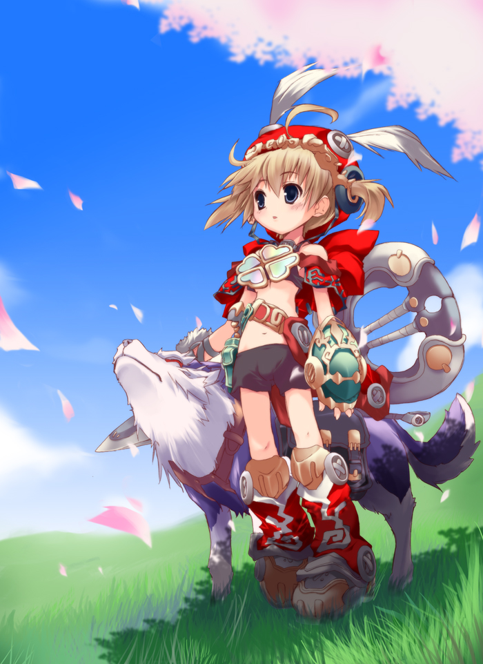 yoshiwo, akazukin (otogi-juushi akazukin), val, otogi-juushi akazukin, bad id, bad pixiv id, 00s, 1girl, cherry blossoms, cloud, clover, day, dog, female focus, four-leaf clover, grass, meadow, sky, solo, spring (season)