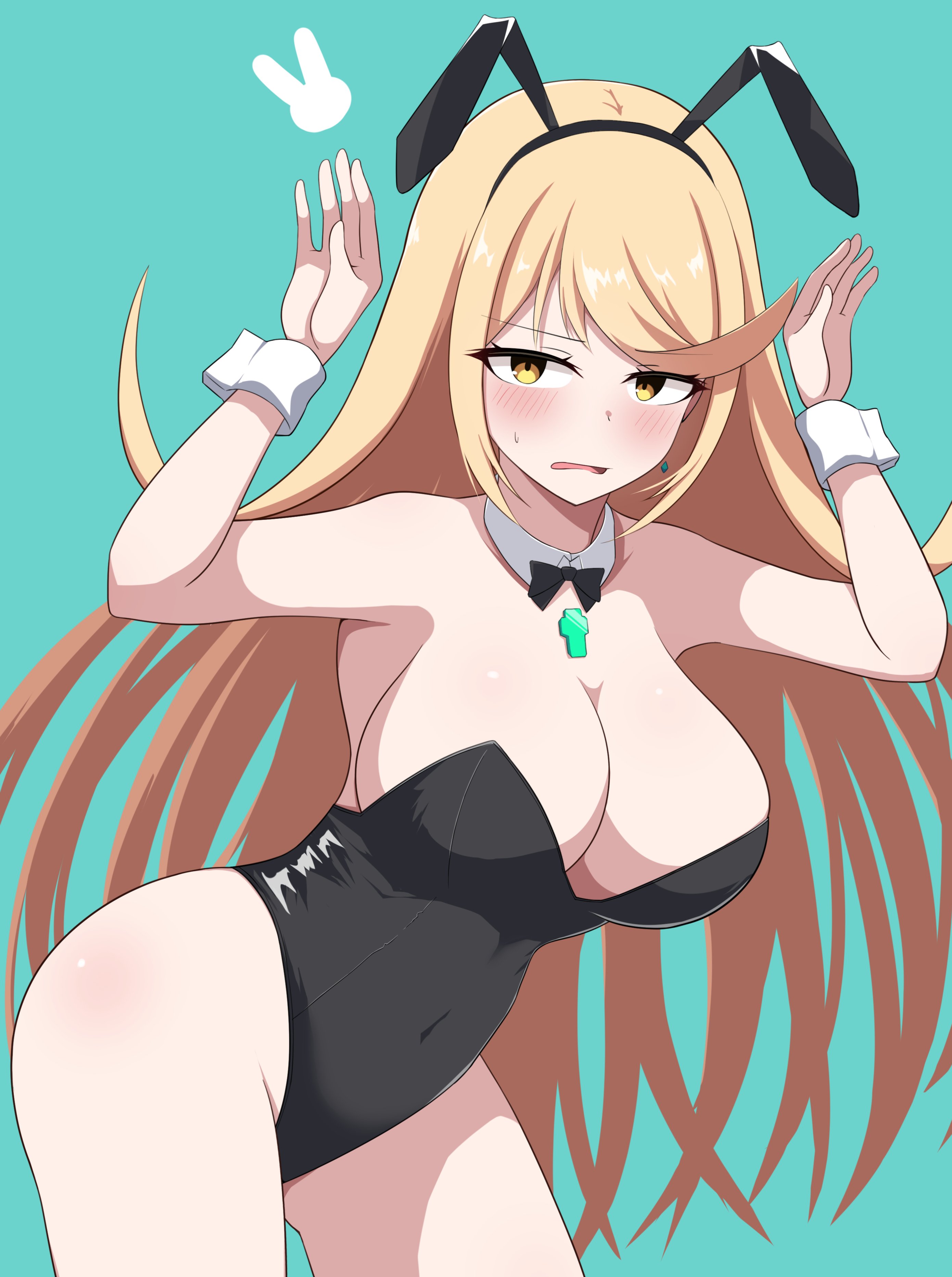 hello pty, mythra (xenoblade), xenoblade chronicles (series), xenoblade chronicles 2, absurdres, highres, 1girl, bare shoulders, blonde hair, blush, breasts, large breasts, leotard, long hair, looking at viewer, playboy bunny, rabbit pose, simple background, solo, thighs
