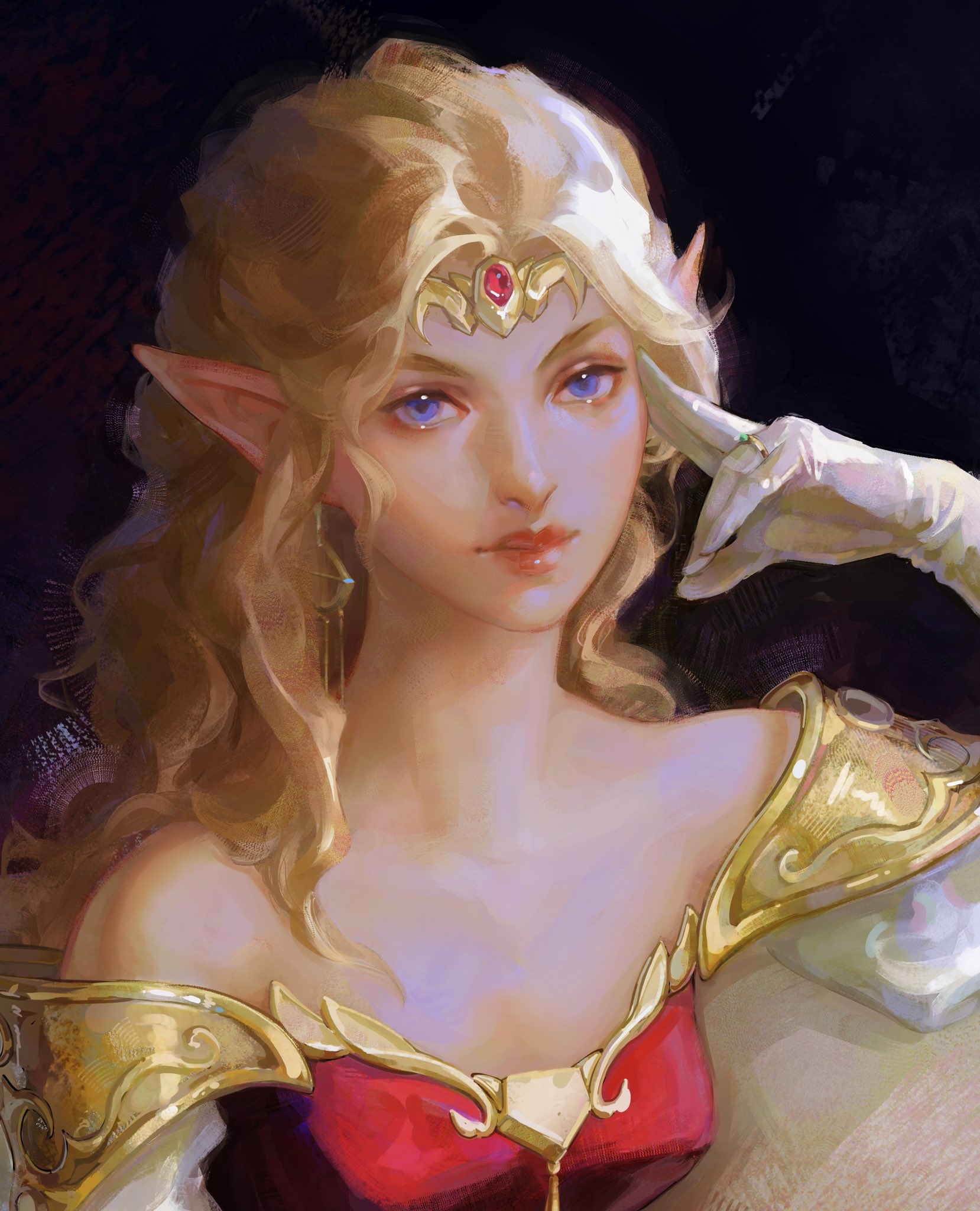 balo badartist, princess zelda, nintendo, the legend of zelda, the legend of zelda: ocarina of time, commentary, english commentary, highres, 1girl, :|, armor, bare shoulders, blonde hair, blue eyes, breasts, circlet, closed mouth, dark background, dress, earrings, elbow gloves, expressionless, gem, gloves, gold armor, gold circlet, green gemstone, hand on own face, jewelry, long hair, looking at viewer, pale skin, pauldrons, pointy ears, portrait, red gemstone, red lips, ring, shoulder armor, simple background, solo, strapless, strapless dress, white gloves