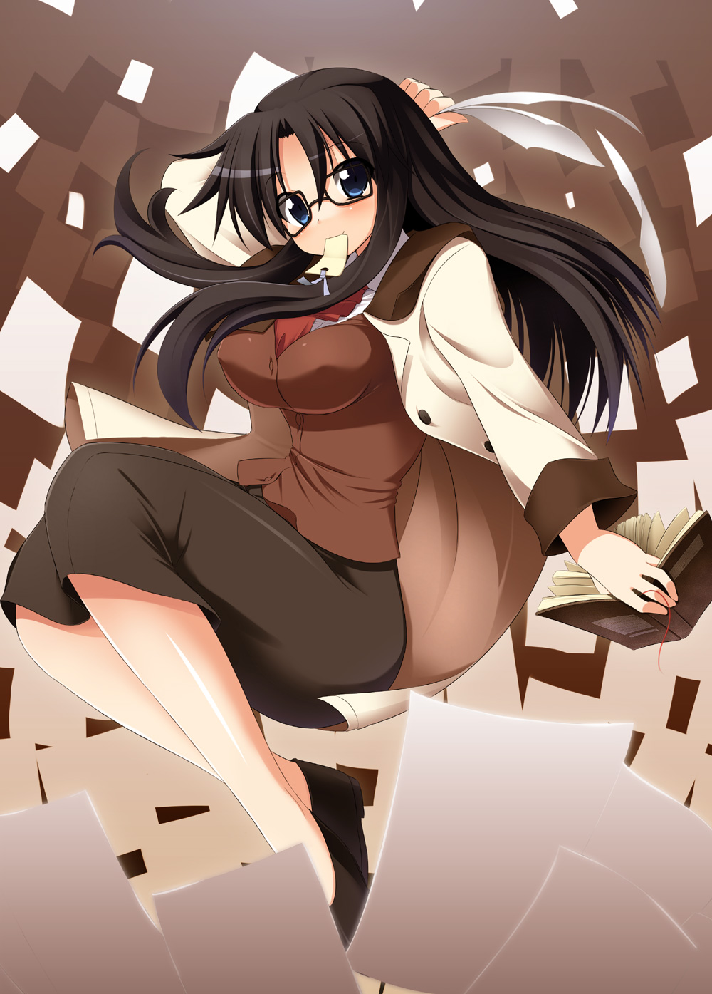 hoppege, yomiko readman, read or die, highres, 00s, 1girl, blue eyes, book, female focus, flying paper, glasses, long hair, mouth hold, paper, skirt, solo
