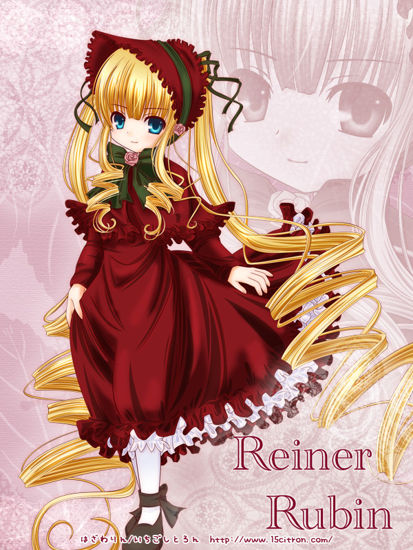 15citron, shinku, rozen maiden, eyebrows, 00s, 1girl, absurdly long hair, ankle ribbon, artist name, black ribbon, black shoes, blonde hair, blue eyes, blunt bangs, bonnet, bow, capelet, closed mouth, dress, drill hair, female focus, flower, frilled dress, frills, full body, green bow, green ribbon, leg ribbon, long hair, long sleeves, looking at viewer, pantyhose, pink flower, pink rose, red dress, ribbon, rose, shoes, smile, solo, twintails, very long hair, watermark, web address, white pantyhose, zoom layer
