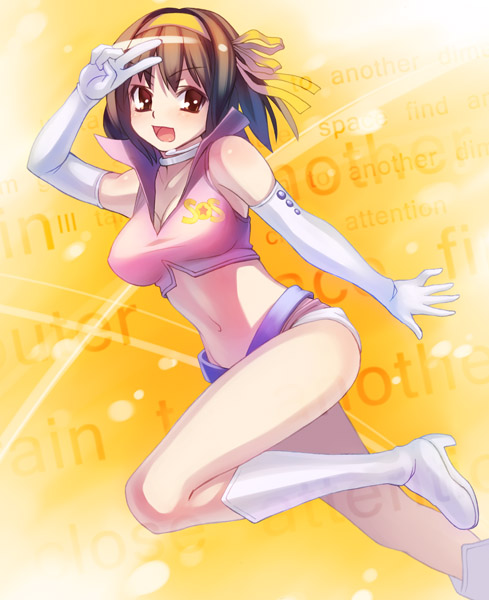 oryo (oryo04), suzumiya haruhi, suzumiya haruhi no yuuutsu, white footwear, 1girl, boots, brown eyes, brown hair, choker, cosplay, elbow gloves, female focus, gloves, headset, high heels, midriff, shoes, short hair, short shorts, shorts, solo, sos galactic patrol