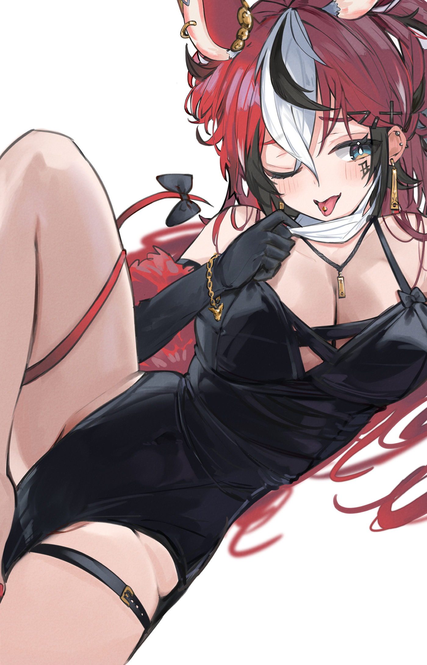 appleseed (appleseed art), hakos baelz, hololive, hololive english, highres, 1girl, animal ears, bare shoulders, black dress, black hair, blue eyes, blurry, blush, breasts, cleavage, dress, large breasts, mask, mouse ears, mouse girl, mouth mask, multicolored hair, one eye closed, red hair, simple background, solo, streaked hair, surgical mask, virtual youtuber, white background, white hair