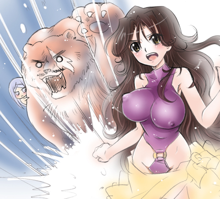 ayano rena, sergei smirnov, soma peries, sumeragi lee noriega, gundam, gundam 00, lowres, 00s, 2girls, bear, blush, breasts, brown eyes, brown hair, casual one-piece swimsuit, covered erect nipples, large breasts, long hair, multiple girls, one-piece swimsuit, open mouth, sarong, scar, scar across eye, scar on face, swimsuit, very long hair