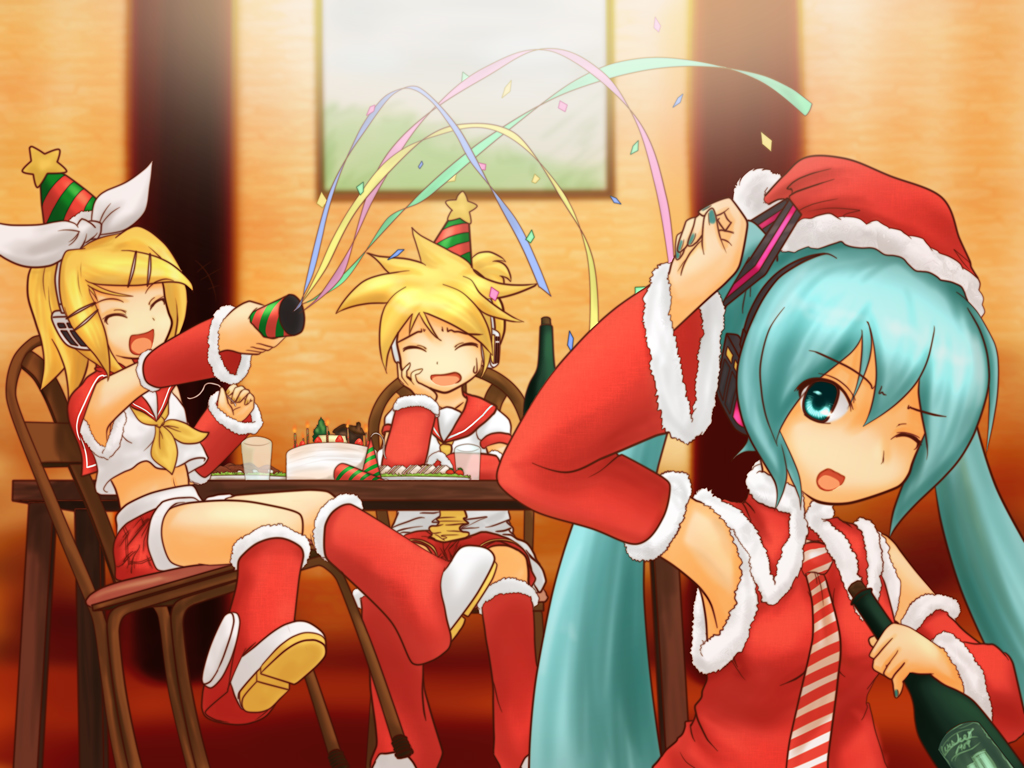 hatsune miku, kagamine len, kagamine rin, vocaloid, 1boy, 2girls, aqua hair, brother and sister, christmas, multiple girls, santa costume, siblings, twins, twintails