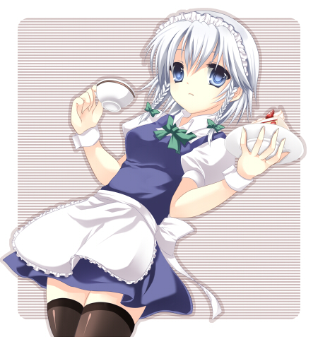 takase kanan, izayoi sakuya, touhou, silver hair, lowres, 1girl, braid, female focus, short hair, solo, thighhighs, twin braids
