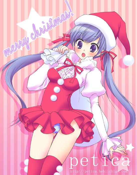 mika mikan, original, 1girl, blue hair, christmas, female focus, long hair, panties, purple eyes, santa costume, solo, striped clothes, striped panties, thighhighs, twintails, underwear