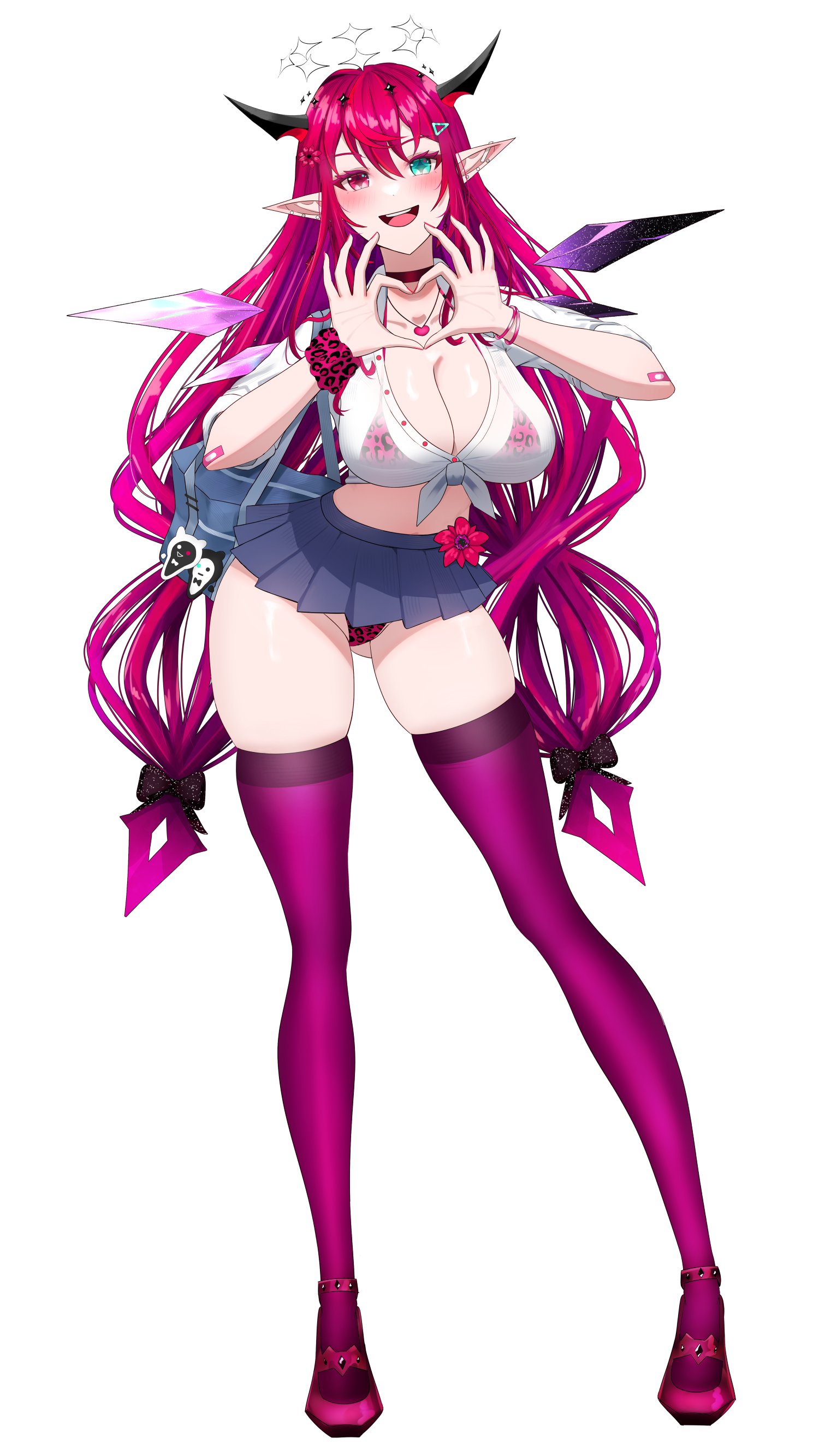 dadangge, irys (hololive), hololive, hololive english, absurdres, highres, 1girl, asymmetrical wings, black choker, black horns, black wings, blue eyes, blush, bra, breasts, choker, cleavage, collarbone, crystal wings, detached sleeves, double halo, ear piercing, grey skirt, gyaru, halo, heart, heart hands, heterochromia, horns, large breasts, long hair, miniskirt, open mouth, panties, piercing, pleated skirt, pointy ears, purple bra, purple eyes, purple hair, purple panties, purple thighhighs, red eyes, see-through clothes, see-through shirt, shirt, simple background, skindentation, skirt, smile, solo, star halo, thighhighs, tied shirt, underwear, virtual youtuber, white background, white wings, wings