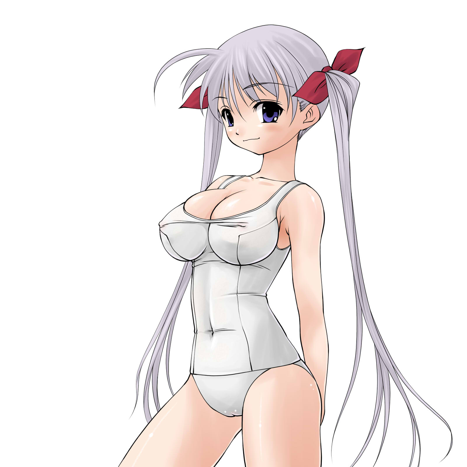 mashue, original, highres, 1girl, female focus, one-piece swimsuit, school swimsuit, solo, swimsuit, twintails, white one-piece swimsuit, white school swimsuit