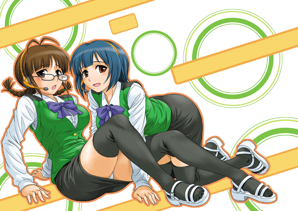 hida tatsuo, akizuki ritsuko, otonashi kotori, idolmaster, idolmaster (classic), idolmaster 1, 2girls, all fours, artistic error, cosplay, feet, glasses, legs, multiple girls, otonashi kotori (cosplay), panties, pantyshot, sandals, thighhighs, underwear, yuri, zettai ryouiki