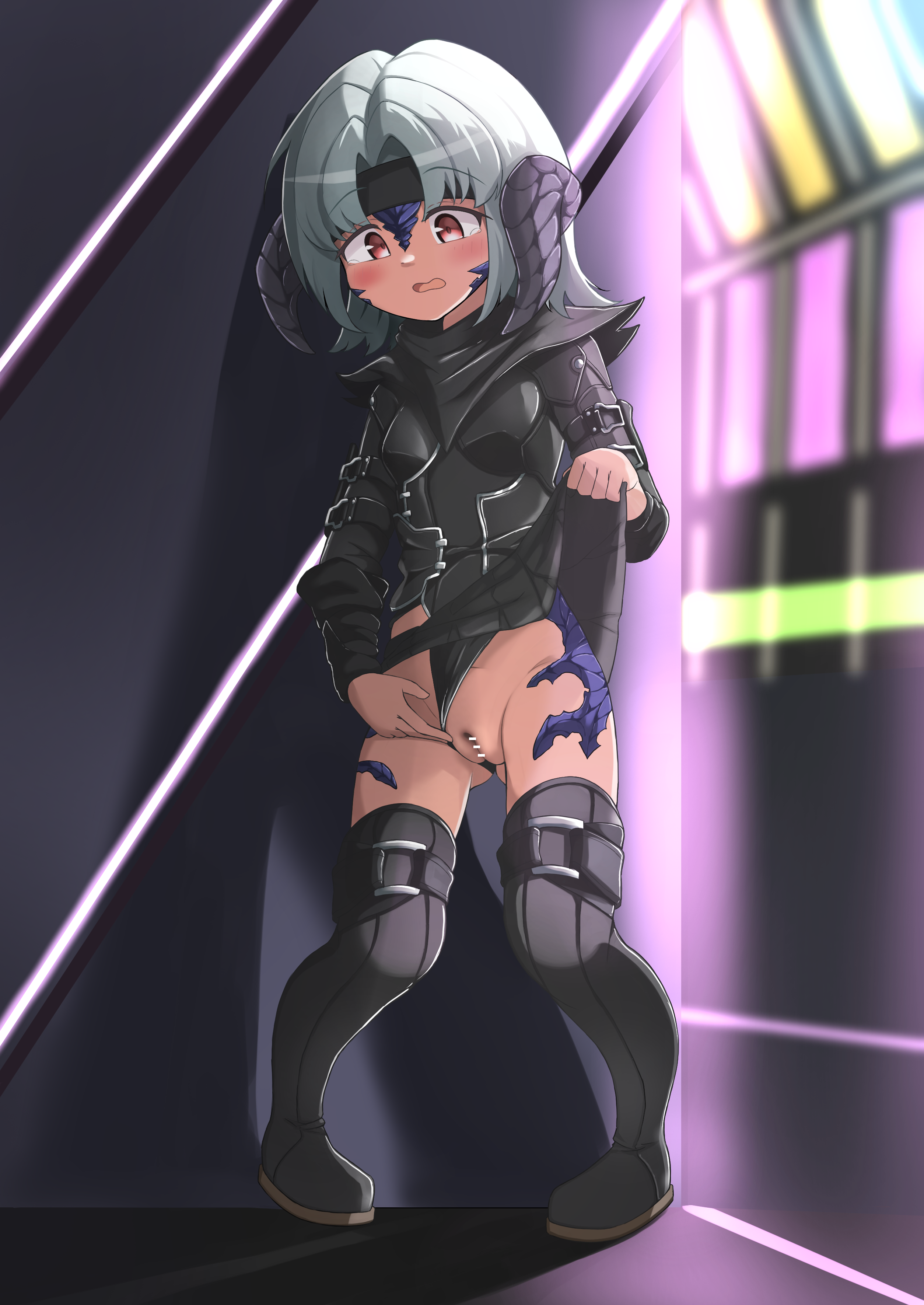 udonko (tinanago7715), final fantasy, final fantasy xiv, 1girl, au ra, bar censor, black boots, black headband, black panties, black skirt, blush, boots, censored, cleft of venus, clothes lift, clothing aside, dragon girl, dragon horns, female focus, grey hair, headband, horns, lifting own clothes, open mouth, panties, panties aside, pussy, red eyes, scales, skirt, skirt lift, solo, standing, thigh boots, underwear
