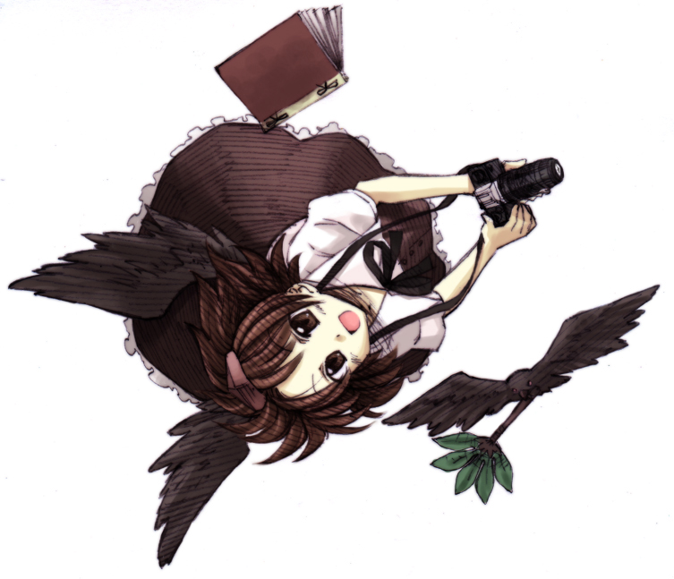 suina, shameimaru aya, touhou, 1girl, bird, black eyes, black hair, black wings, book, camera, female focus, hat, looking at viewer, open mouth, short hair, smile, solo, wings