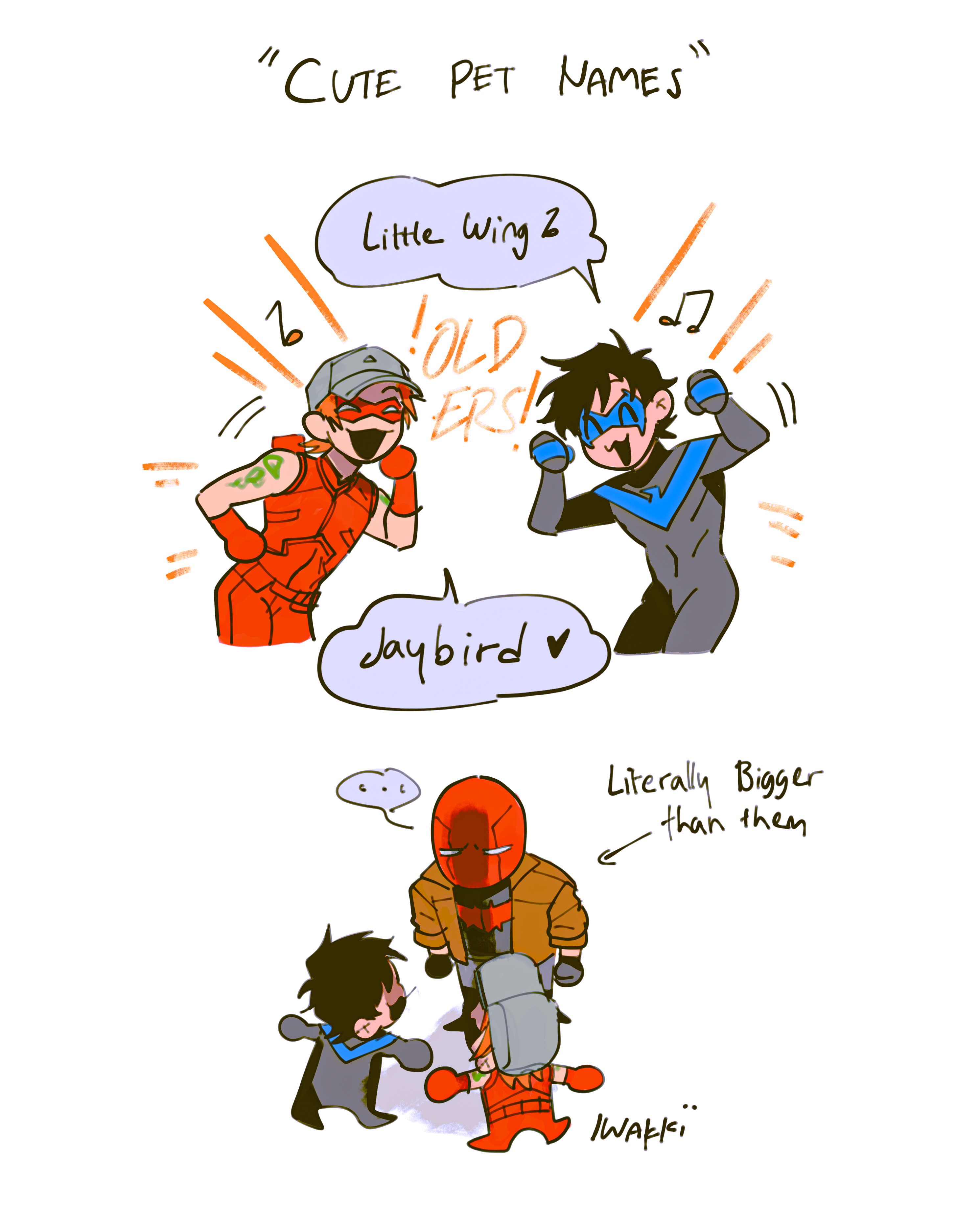 iwakki, arsenal (dc), dick grayson, jason todd, nightwing, red hood (dc), roy harper, batman (series), dc comics, absurdres, highres, baseball cap, bat signal, batman symbol, belt, black bodysuit, black gloves, black hair, bodysuit, brown jacket, chibi, domino mask, gloves, grey bodysuit, hat, jacket, male focus, mask, multiple boys, muscular, muscular male, orange hair, pants, red bodysuit, red hood and the outlaws, red mask, short hair, superhero costume, taut bodysuit, two-tone bodysuit, utility belt