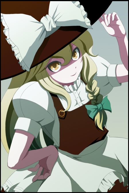 tsukumo (soar99), kirisame marisa, touhou, 1girl, blonde hair, bow, braid, female focus, from above, hair bow, hand on own hip, hat, hip focus, looking up, side braid, solo, witch, witch hat, yellow eyes
