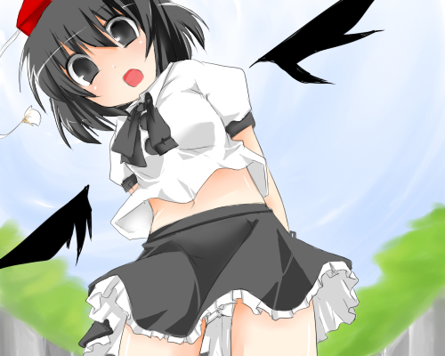 morino harifu, shameimaru aya, touhou, lowres, 1girl, :o, arms behind back, black eyes, black hair, black wings, female focus, from below, hat, looking at viewer, looking down, midriff, open mouth, panties, pantyshot, short hair, solo, underwear, upskirt, wings