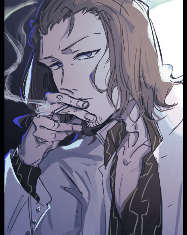 75sndnbsg, coyote starrk, bleach, 1boy, adapted costume, black shirt, blue eyes, brown hair, cigarette, collared shirt, facial hair, forehead, hand up, holding, holding cigarette, jacket, long sleeves, looking at viewer, male focus, mature male, medium hair, nose, open clothes, open jacket, parted lips, shirt, sidelighting, simple background, sketch, smoke, smoking, solo, stubble, tsurime, upper body, v-shaped eyebrows, white jacket