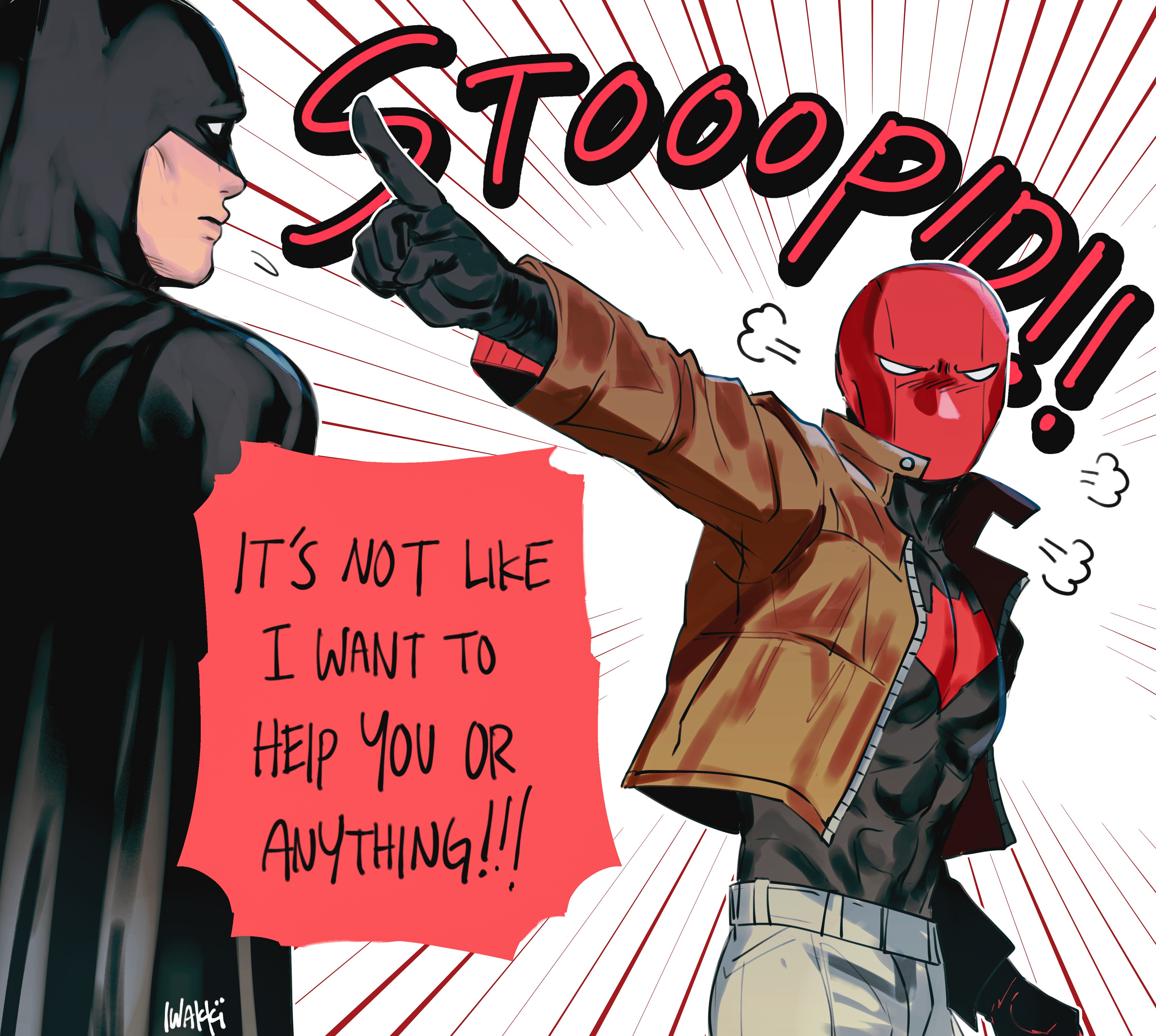 iwakki, batman, bruce wayne, jason todd, red hood (dc), batman (series), dc comics, absurdres, highres, 2boys, bat signal, batman symbol, black bodysuit, black gloves, bodysuit, brown jacket, cowl, gloves, grey bodysuit, jacket, male focus, mask, multiple boys, muscular, muscular male, open clothes, pants, red hood and the outlaws, red mask, superhero costume, taut bodysuit, two-tone bodysuit