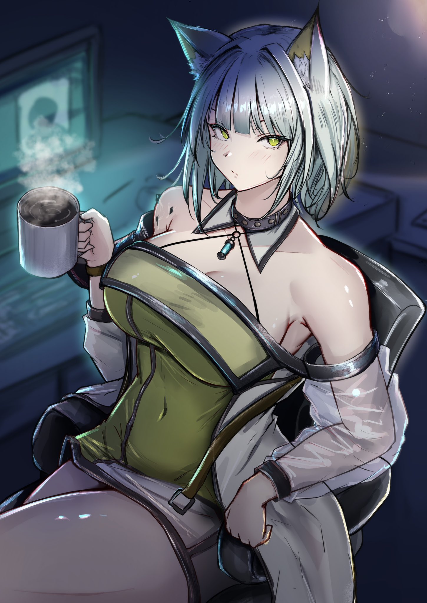 poni (poni arknights), kal'tsit (arknights), arknights, highres, 1girl, animal ear fluff, animal ears, bare shoulders, blurry, blurry background, breasts, chair, cleavage, closed mouth, coffee, coffee mug, covered navel, cowboy shot, cup, drink, green eyes, grey hair, halterneck, holding, holding cup, holding drink, indoors, large breasts, light blush, light particles, long sleeves, material growth, mug, off shoulder, on chair, oripathy lesion (arknights), see-through clothes, see-through sleeves, short hair, sitting, solo, steam, thighs