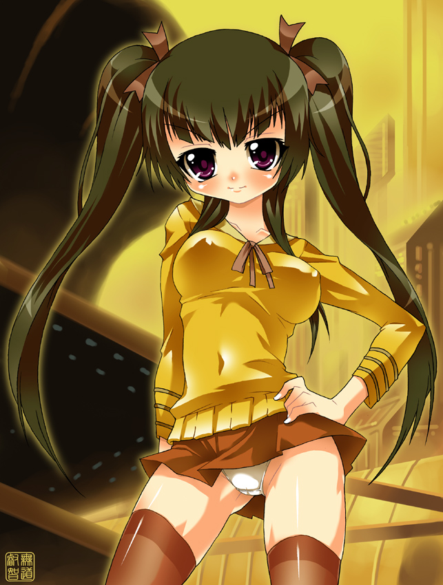 mudou eichi, wang liu mei, gundam, gundam 00, tagme, 00s, 1girl, black hair, female focus, looking at viewer, miniskirt, panties, skirt, solo, thighhighs, twintails, underwear