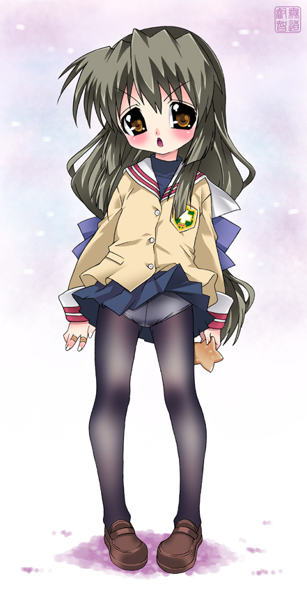 mudou eichi, ibuki fuuko, clannad, 00s, 1girl, :o, black pantyhose, blue skirt, blush, brown hair, female focus, loafers, long hair, long sleeves, looking at viewer, panties, pantyhose, pantyshot, parted lips, pigeon-toed, school uniform, serafuku, shoes, skirt, solo, standing, underwear, upskirt, wind, wind lift