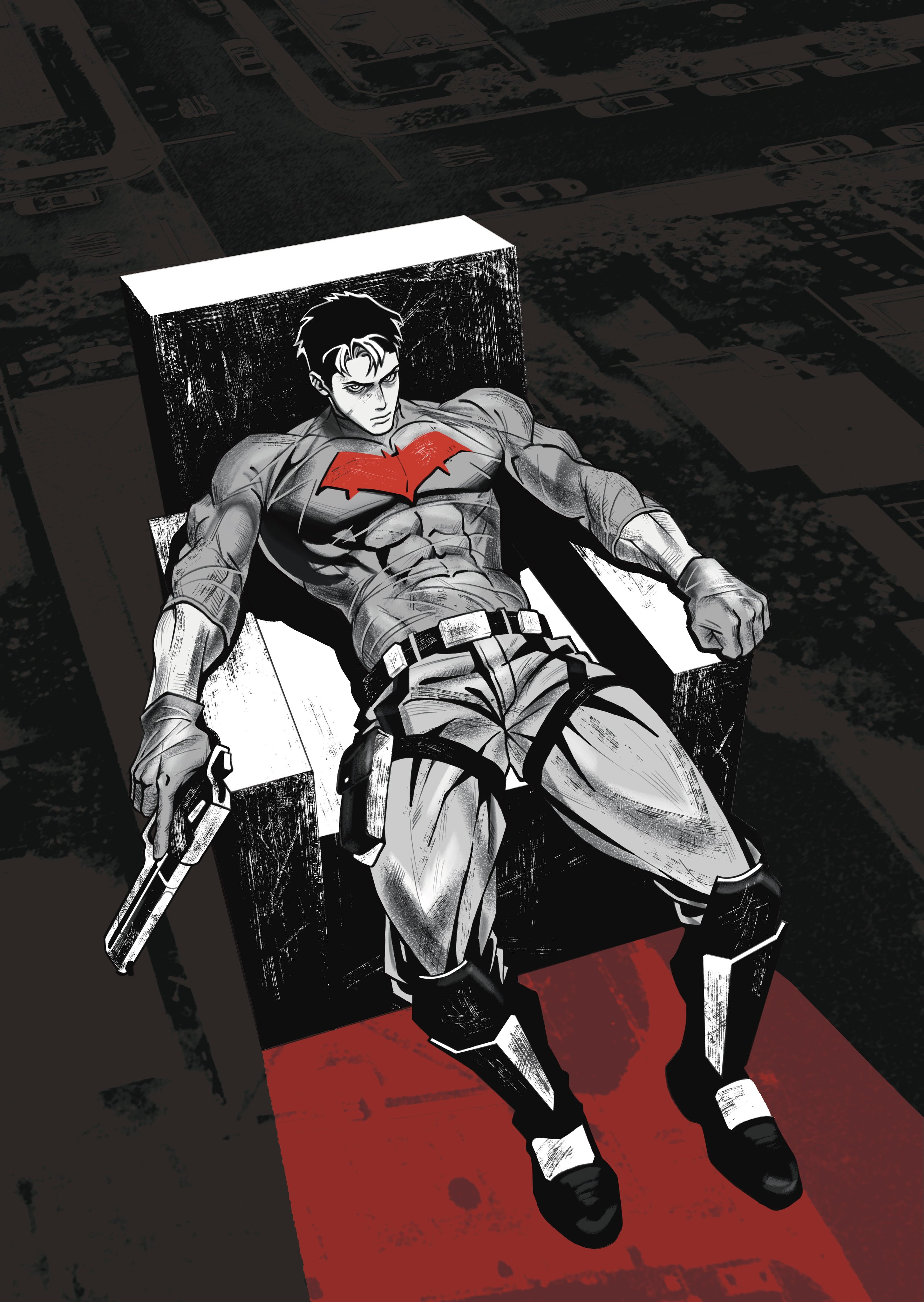 my northstar, jason todd, red hood (dc), batman (series), dc comics, absurdres, highres, 1boy, bat signal, batman symbol, black gloves, black hair, blue eyes, bodysuit, cover, english text, fake cover, gloves, grey bodysuit, gun, handgun, holding, holding gun, holding weapon, male focus, multicolored hair, muscular, muscular male, pants, red hood and the outlaws, short hair, superhero costume, taut bodysuit, trigger discipline, two-tone bodysuit, two-tone hair, weapon