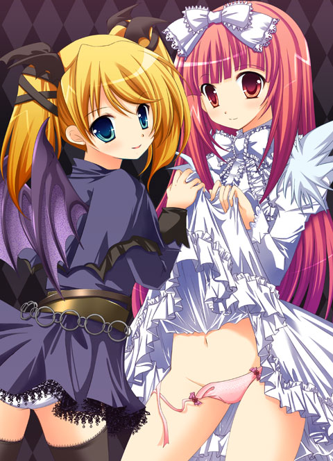 hinata momo, casper (deathsmiles), windia (deathsmiles), cave (developer), deathsmiles, 2girls, blonde hair, bow, bow panties, goth fashion, gothic lolita, hair ribbon, lolita fashion, multiple girls, panties, pantyshot, pink hair, pink panties, purple skirt, ribbon, side-tie panties, skirt, thighhighs, twintails, underwear, untied panties, wardrobe malfunction, white panties, zettai ryouiki