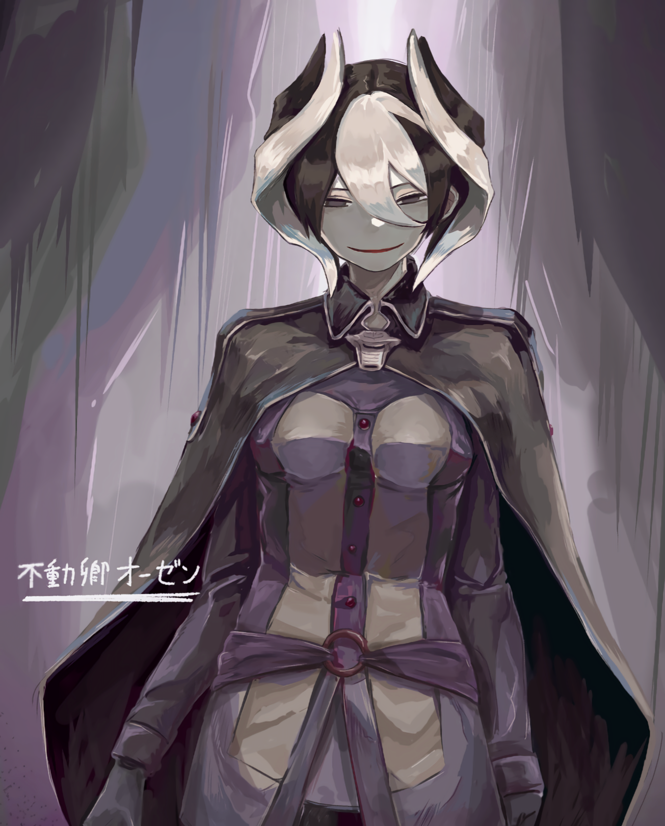 ozen, made in abyss, highres, 1girl, arms at sides, black cape, black eyes, black hair, cape, colored skin, empty eyes, grey skin, long sleeves, multicolored hair, pale skin, parted lips, smile, smug, user dwgt5544, whistle, whistle around neck, white hair