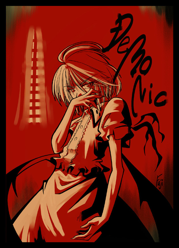 keisei fuji, remilia scarlet, touhou, 1girl, bat wings, curtains, dress, female focus, looking at viewer, low wings, monochrome, puffy short sleeves, puffy sleeves, red theme, short hair, short sleeves, solo, vampire, window, wings