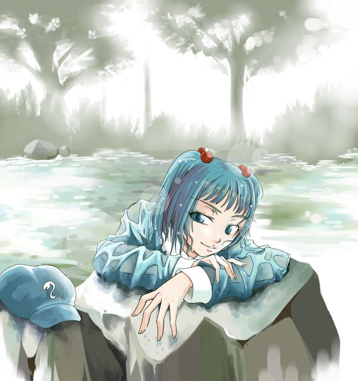 keisei fuji, kawashiro nitori, touhou, 1girl, female focus, hair bobbles, hair ornament, solo, two side up, wet, wet clothes
