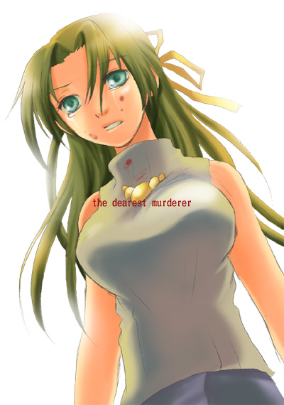 oujima tamaki, sonozaki shion, higurashi no naku koro ni, 00s, bare shoulders, blood, green eyes, green hair, sleeveless, sleeveless turtleneck, solo, turtleneck, yandere