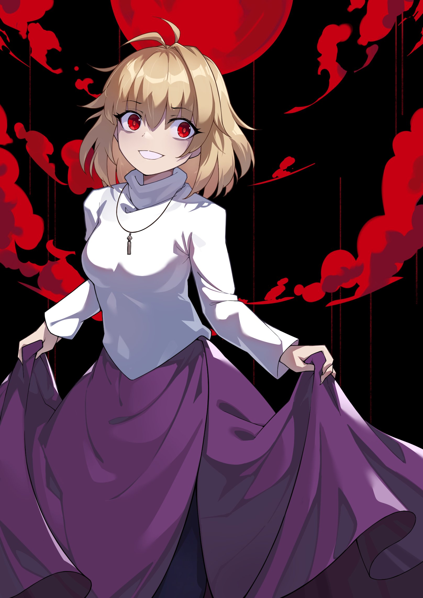 tierra misu, arcueid brunestud, tsukihime, tsukihime (remake), highres, 1girl, blonde hair, breasts, clothes lift, full body, jewelry, large breasts, long skirt, moon, pendant, purple skirt, red eyes, red moon, short hair, skirt, skirt lift, solo, sweater, white sweater