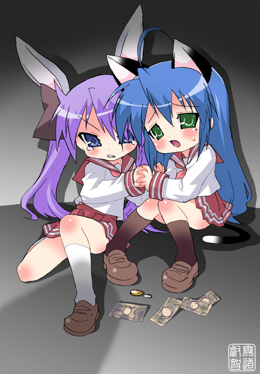 mudou eichi, hiiragi kagami, izumi konata, lucky star, 00s, animal ears, blue eyes, blue hair, blush, cat ears, cat tail, chibi, green eyes, money, purple hair, rabbit ears, school uniform, serafuku, tail, tears