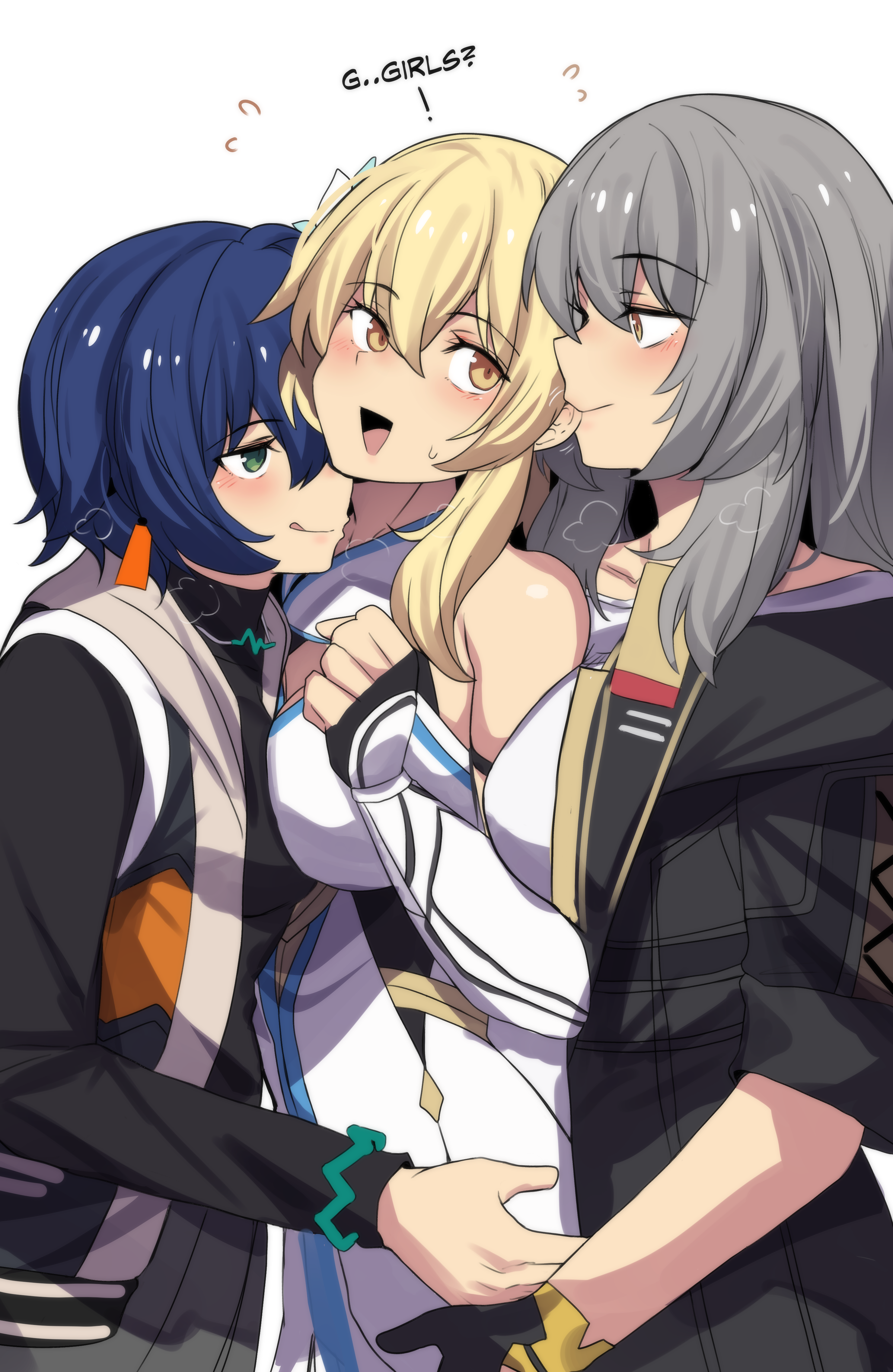 hinghoi, belle (zenless zone zero), lumine (genshin impact), stelle (honkai: star rail), trailblazer (honkai: star rail), genshin impact, honkai: star rail, honkai (series), mihoyo, zenless zone zero, absurdres, highres, 3girls, :d, :q, bare shoulders, black gloves, black jacket, black shirt, blonde hair, blue hair, dress, gloves, green eyes, grey hair, jacket, long hair, long sleeves, looking at viewer, multiple girls, open mouth, shirt, short hair, smile, tongue, tongue out, white background, white dress, yellow eyes, yuri