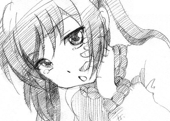 gofu, minami kana, minami-ke, traditional media, 00s, 1girl, female focus, greyscale, monochrome, open mouth, simple background, sketch, solo, tears, twintails