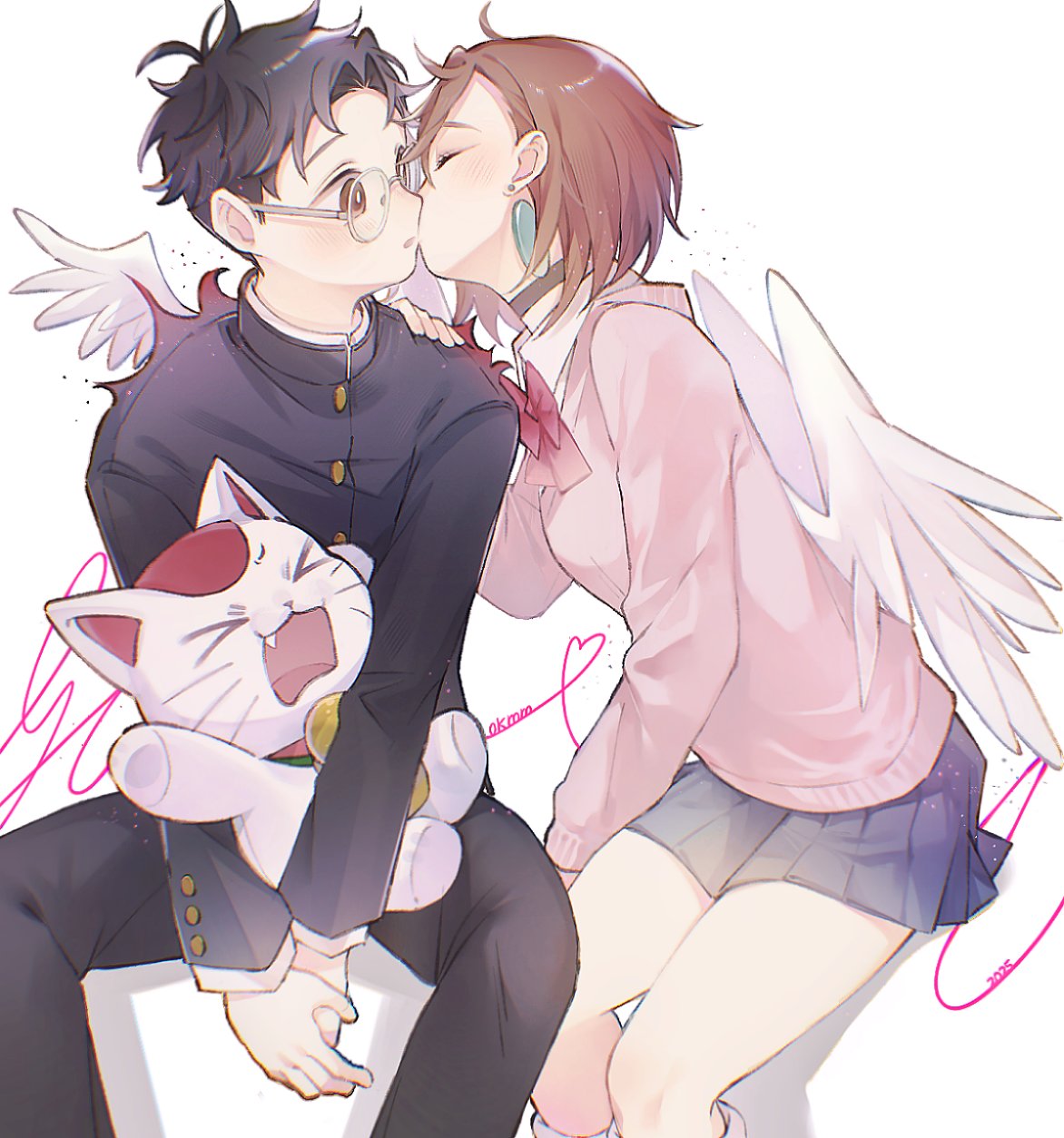 comimingming, ayase momo, takakura ken (dandadan), turbo granny (dandadan), dandadan, commentary, highres, symbol-only commentary, > <, 1boy, 2girls, angel wings, black choker, black hair, black jacket, black pants, blue skirt, blush, bow, bowtie, brown eyes, brown hair, car, choker, closed eyes, collared shirt, earrings, facing another, fang, feathered wings, feet out of frame, gakuran, glasses, hair behind ear, heart, jacket, jewelry, kami high school uniform, kiss, long sleeves, looking at another, maneki-neko, miniskirt, motor vehicle, multiple girls, open mouth, pants, parted lips, pink sweater, pleated skirt, red bow, red bowtie, round eyewear, school uniform, shirt, short hair, sitting, skirt, sweater, thighs, white background, white shirt, white wings, wings