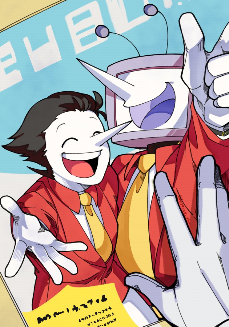 ant tenna, spamton g. spamton, spamton g. spamton (big shot), deltarune, utdr (toby fox), commentary request, 2boys, akagane kiyomaru, arm up, black hair, closed eyes, collared shirt, colored skin, crt, gloves, jacket, male focus, multiple boys, necktie, object head, pointing, poster (object), radio antenna, red jacket, shirt, short hair, smile, teeth, tongue, twitter username, upper teeth only, white gloves, white shirt, white skin, yellow necktie
