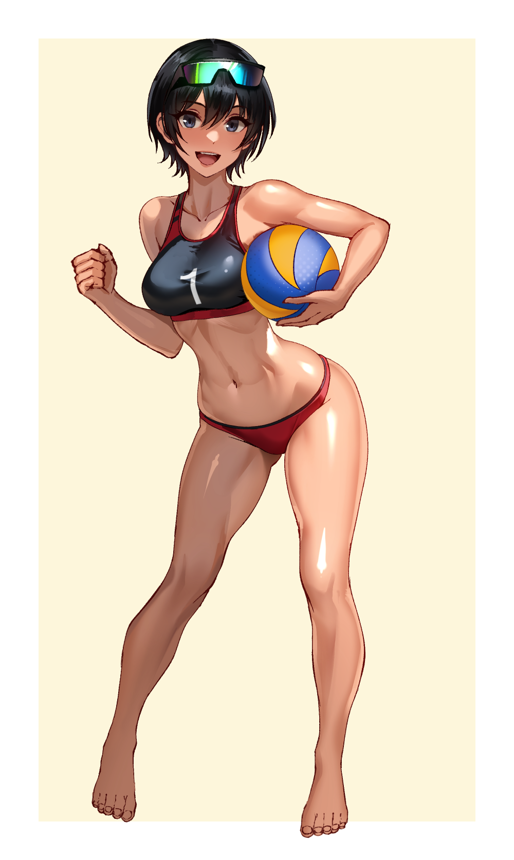volyz, original, highres, 1girl, ball, black hair, black sports bra, blue eyes, buruma, full body, goggles, goggles on head, looking at viewer, open mouth, red buruma, short hair, smile, solo, sports bra, sportswear, toned, toned female, volleyball (object), volleyball uniform