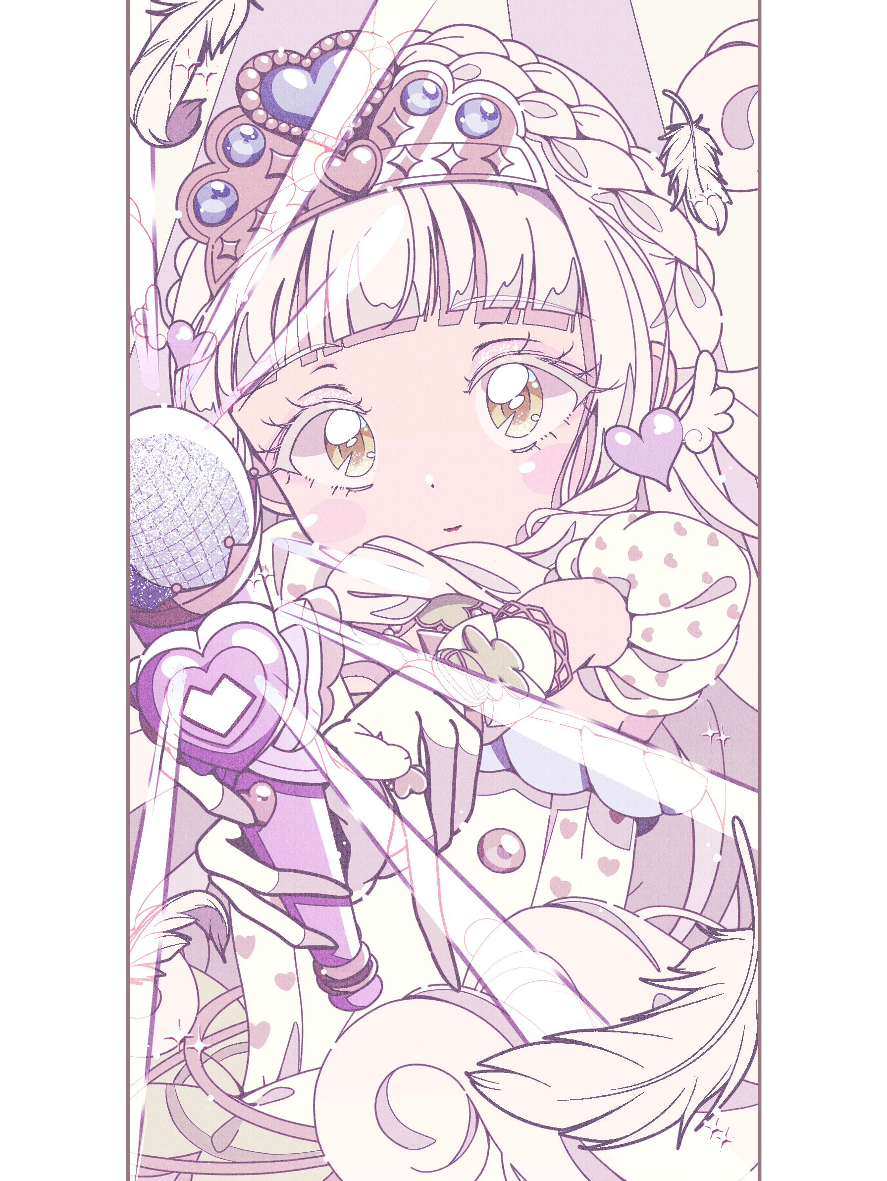 milon cas, suzukaze tsumugi, himitsu no aipri, pretty series, commentary request, highres, 1990s (style), 1girl, blunt bangs, blush stickers, border, braid, buttons, closed mouth, crown, crown braid, dress, elbow gloves, eyelashes, falling feathers, faux retro artstyle, feathers, gloves, gold crown, heart, holding, holding microphone, jewelry, long hair, looking at viewer, microphone, pillarboxed, puffy short sleeves, puffy sleeves, retro artstyle, ring, short sleeves, solo, sparkle, suzukaze tsumugi (princess aipri), upper body, very long hair, white border, white dress, white gloves, white hair, yellow eyes