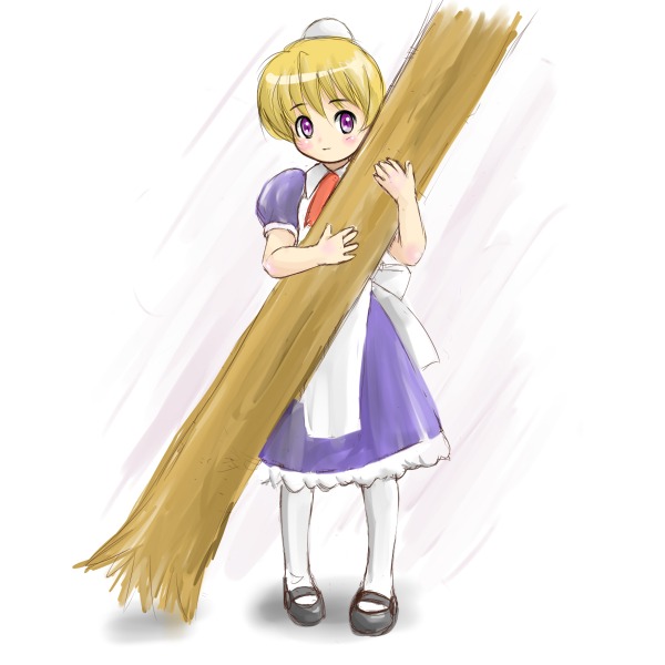 yellow (artist), flandre (kaibutsu oujo), kaibutsu oujo, 00s, 1girl, android, blonde hair, female focus, full body, maid, plant, purple eyes, shoes, solo, standing, tree, white background