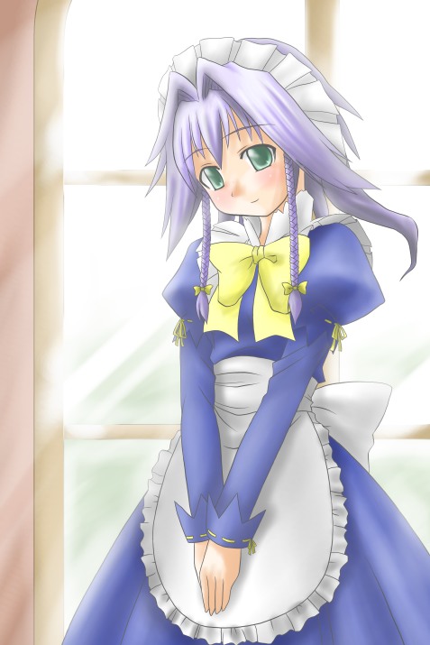 kannazuki hato, izayoi sakuya, curiosities of lotus asia, touhou, 1girl, apron, braid, female focus, green eyes, maid, maid apron, purple hair, solo, twin braids, v arms