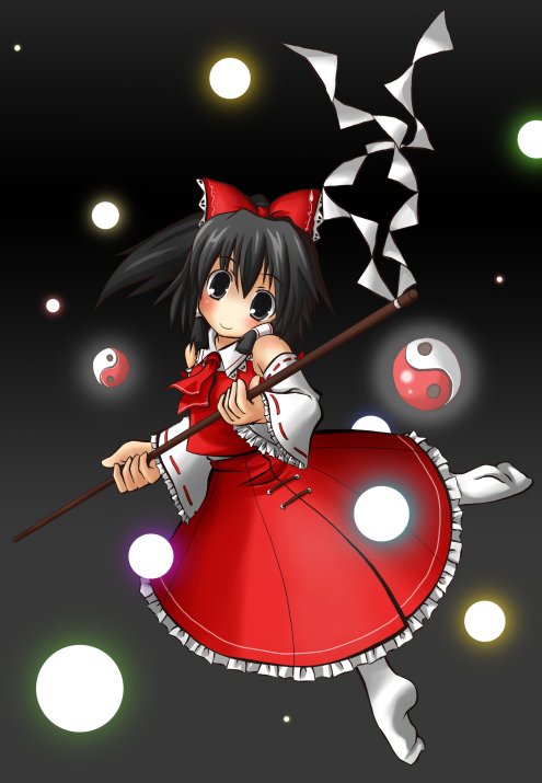 kannazuki hato, hakurei reimu, touhou, 1girl, black hair, blue eyes, detached sleeves, female focus, gohei, hair ribbon, long hair, orb, ribbon, simple background, smile, socks, solo, yin yang