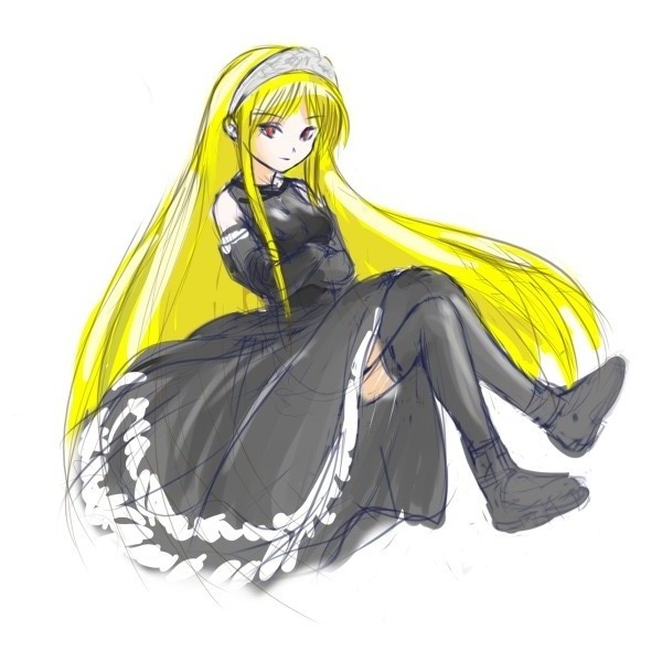 yellow (artist), hime (kaibutsu oujo), kaibutsu oujo, 00s, blonde hair, dress, gloves, long hair, red eyes, thighhighs, tiara, zettai ryouiki